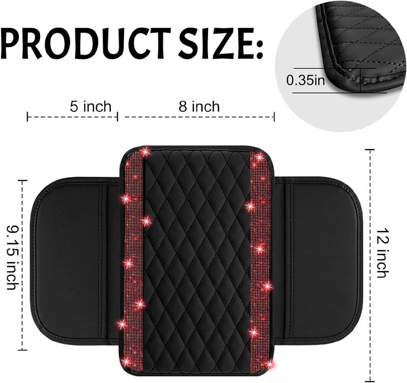 NBTEPEM Bling Car Center Console Cover, Leather Car Arm Rest Cover Cushion with 2 Storage Bags, Universal Automotive Armrest Protector Storage Box, Bling Accessories Interior for Most Vehicles (Red) - Image 2